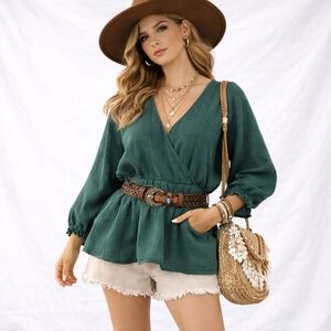 Ava & Viv Forest Green Peplum Ruffle V-Neck Blouse Cottage Cabin 100% Cotton